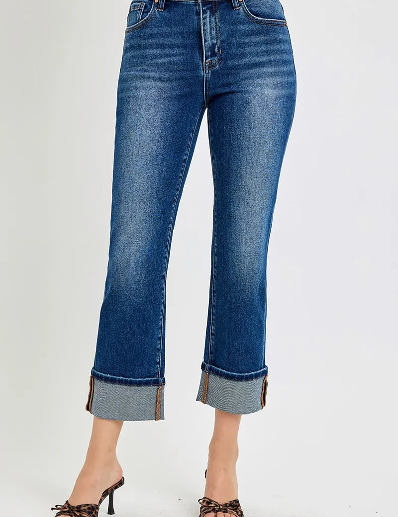 Dark RISEN High Rise Ankle Straight Cuffed Jeans | Jeans Daverri Fashions