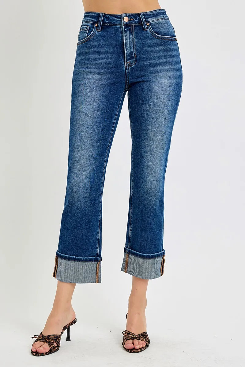 RISEN High Rise Ankle Straight Cuffed Jeans Dark Jeans