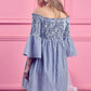 BiBi Smocked Off Shoulder Blue and White Striped Dress