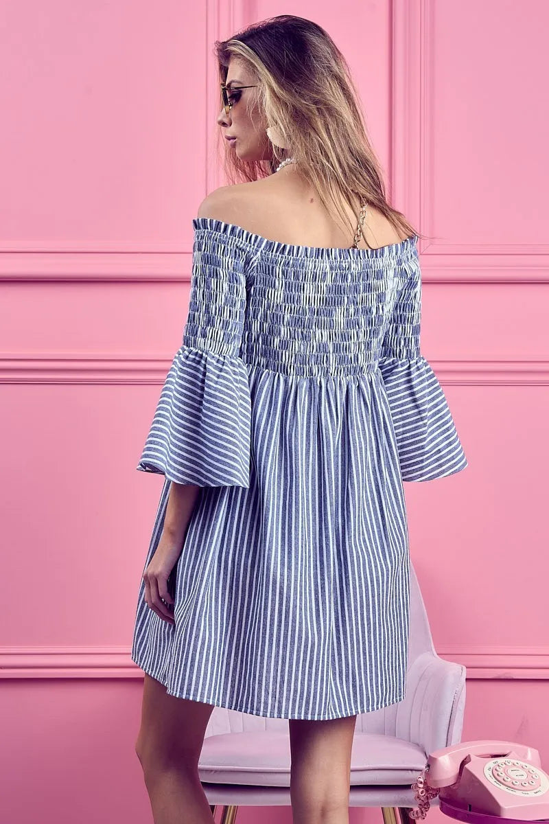 BiBi Smocked Off Shoulder Blue and White Striped Dress