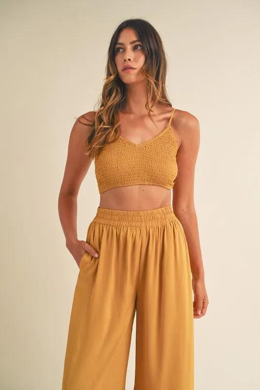 MABLE Smocked Bralette Crop Top and Wide Leg Pants Set Outfit Sets