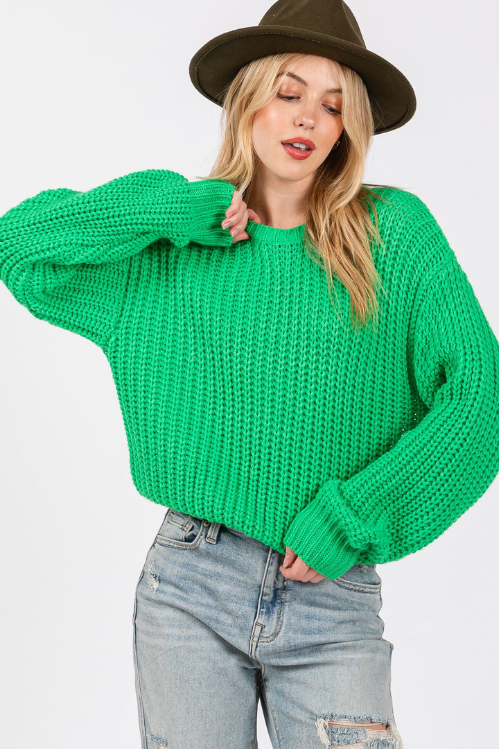 SAGE + FIG Round Neck Drop Shoulder Sweater Green Sweaters