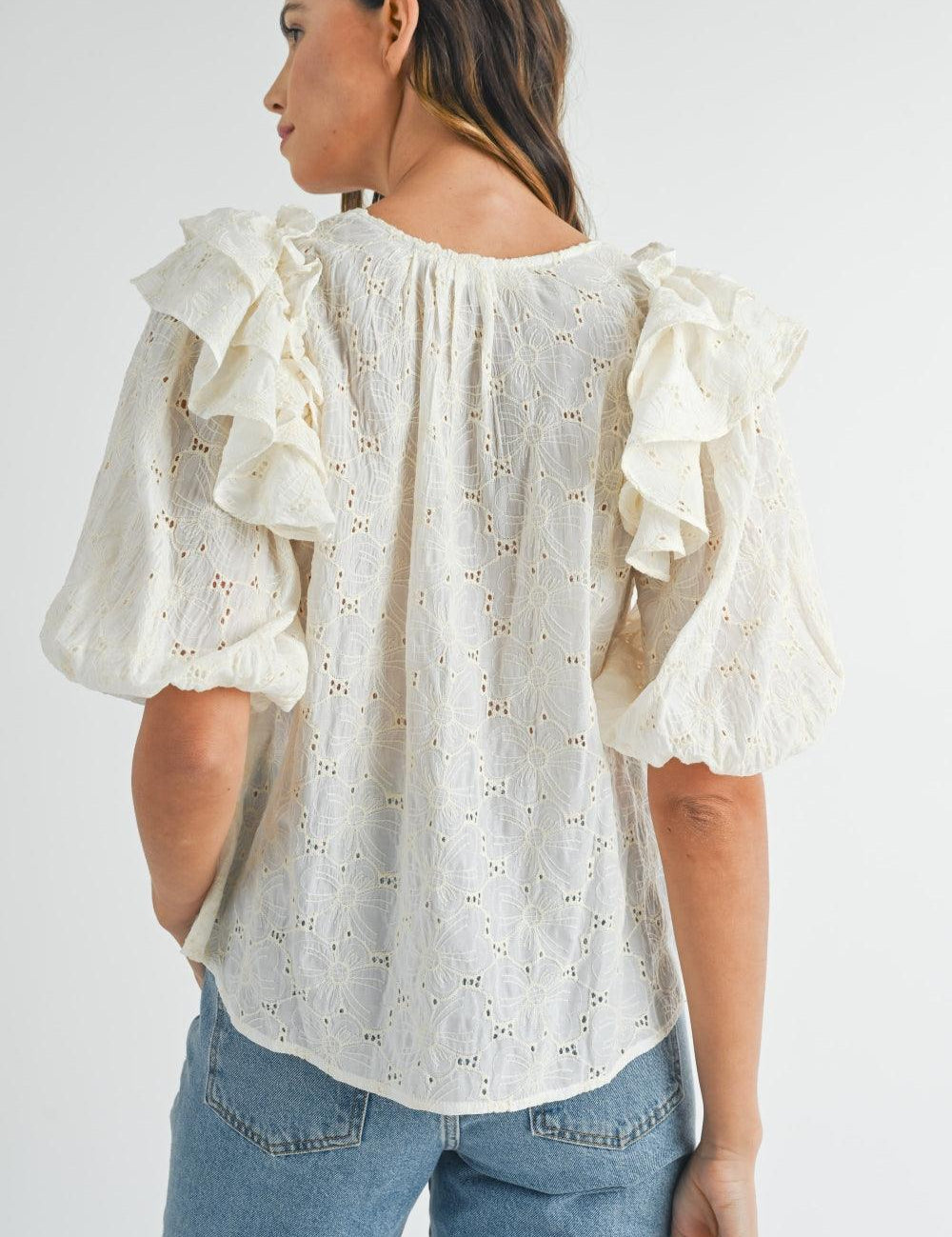 MABLE Eyelet Lace Ruffle Shoulder Puff Sleeve Blouse | Daverri Fashions