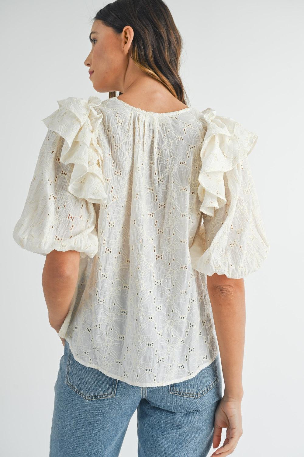 MABLE Eyelet Lace Ruffle Shoulder Puff Sleeve Blouse - DAVERRI FASHIONS