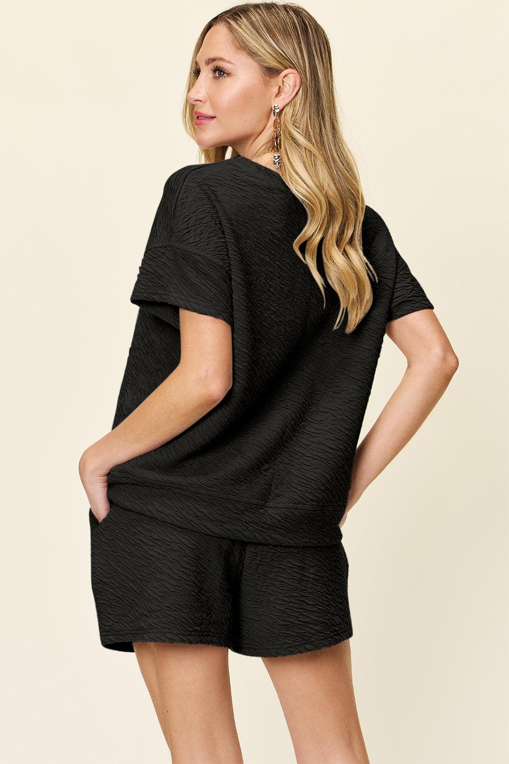 Double Take Full Size Texture Short Sleeve T-Shirt and Drawstring Shorts Set Outfit Sets