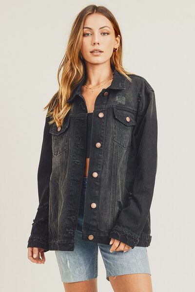 RISEN Full Size Distressed Long Sleeve Denim Jacket Black