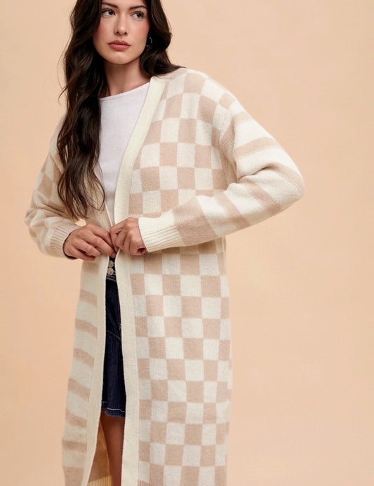 Annie Wear Checkered & Striped Open Front Long Sleeve Cardigan Latte Combo Tops