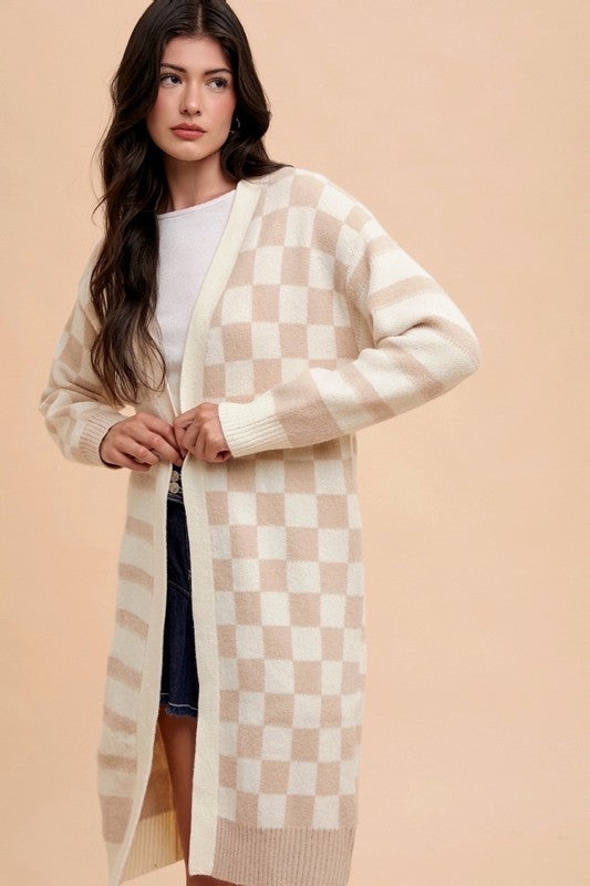 Annie Wear Checkered & Striped Open Front Long Sleeve Cardigan Latte Combo Tops