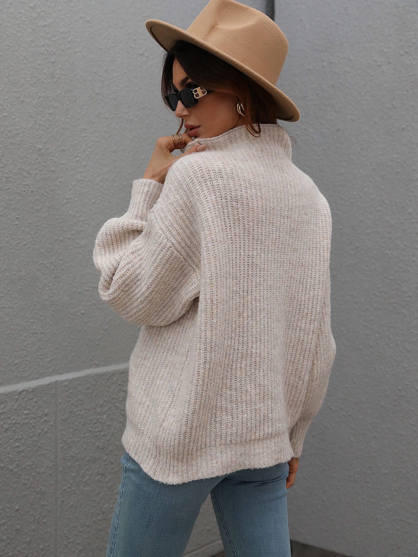 Daverri beige ribbed knit turtleneck sweater with balloon sleeves
