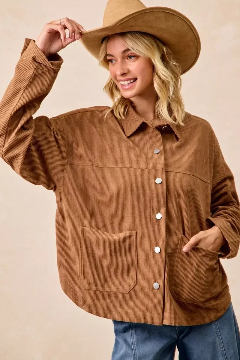 BiBi Corduroy Relaxed Fit Shacket with Back Pleat - DAVERRI FASHIONS