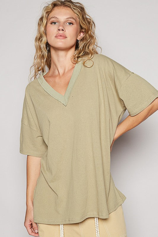 POL V-Neck Half Sleeve T-Shirt Dried Moss T-Shirts