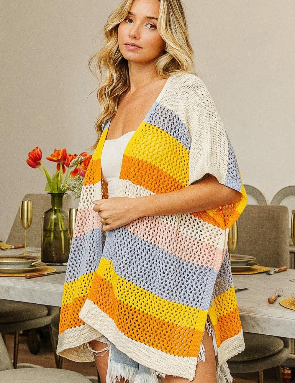Denim Must Org Blush BiBi Openwork Striped Open Front Knit Cardigan | Cardigans Daverri Fashions