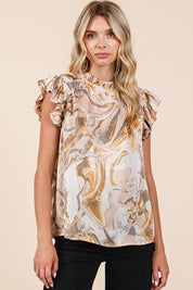 Mittoshop Abstract Print Ruffle Short Sleeve Satin Top Tan