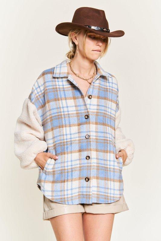 Jade by Jane Plaid Teddy Sleeve Shacket Shackets