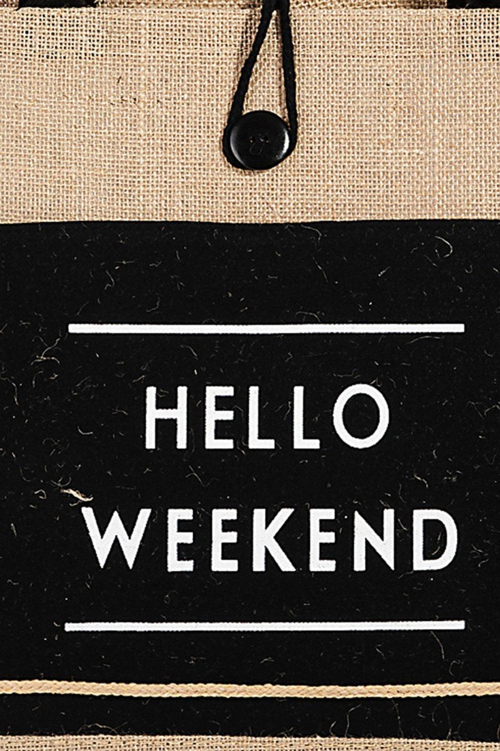 Hello Weekend Burlap Tote Bag Handbags