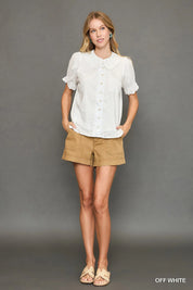 Umgee Peter Pan Collared Button Down Textured Shirt with Ruffled Deatil | Tops Daverri Fashions