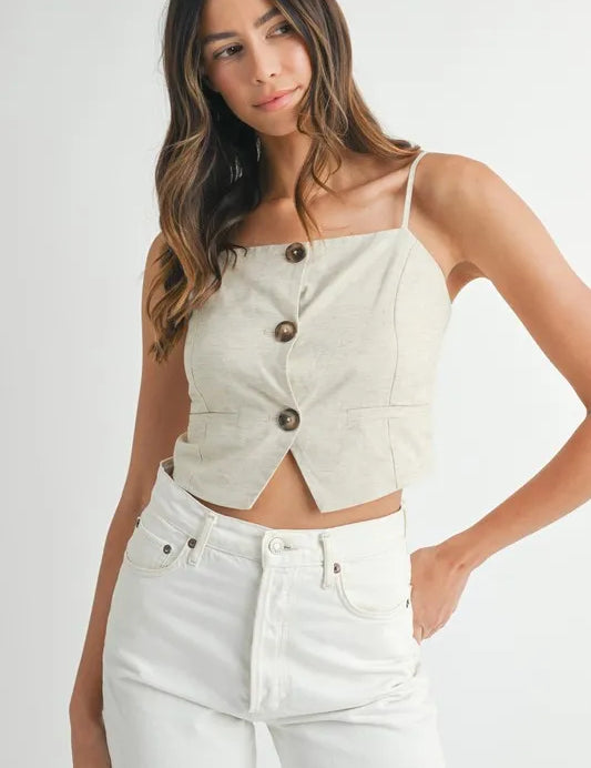 Oatmeal MABLE Linen Mix Button Down Tank Top | Tank Tops Daverri Fashions