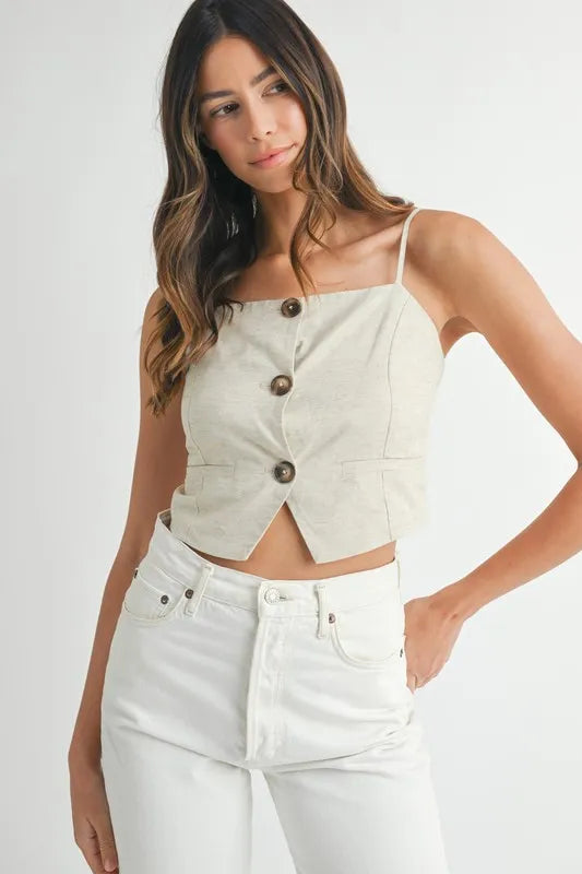 Oatmeal MABLE Linen Mix Button Down Tank Top | Tank Tops Daverri Fashions