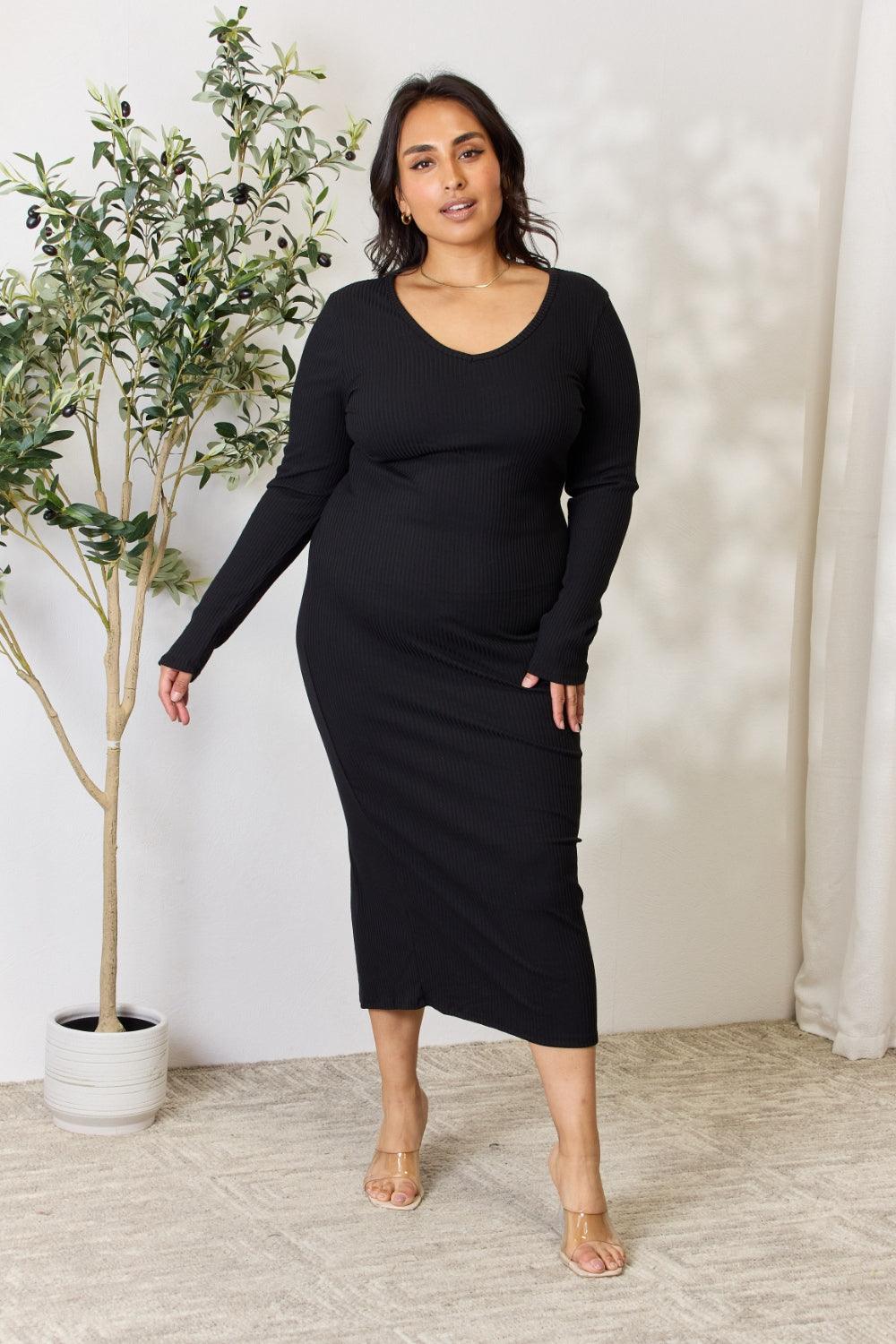 Culture Code Ribbed Long Sleeve Midi Slit Dress - DAVERRI FASHIONS