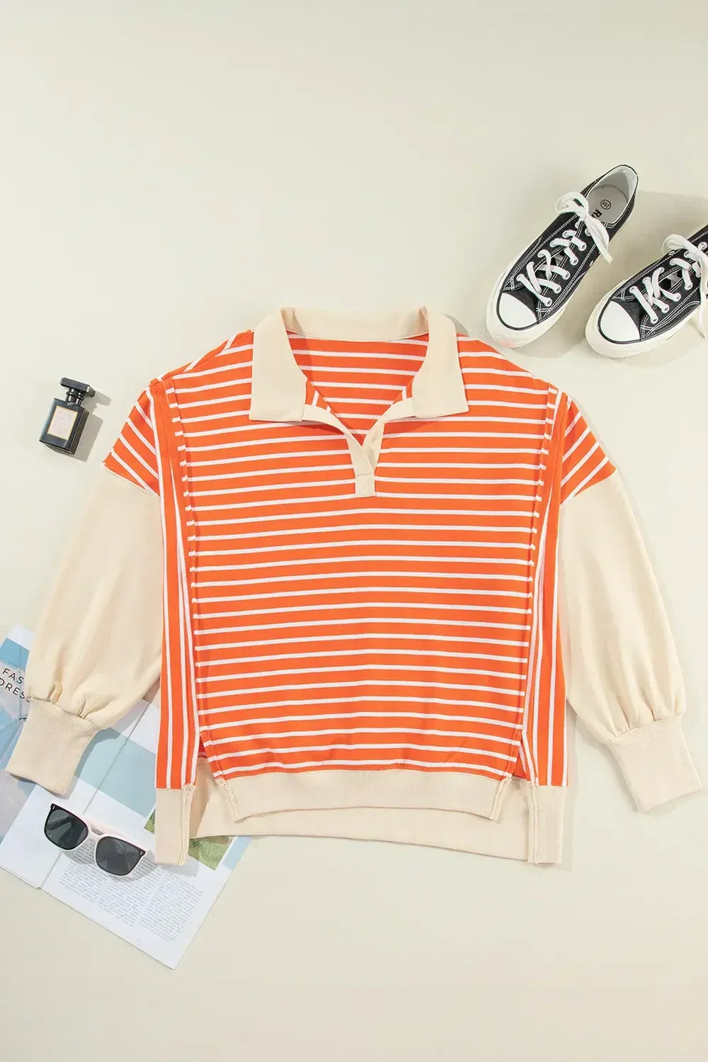 Striped Johnny Collar Long Sleeve Sweatshirt - DAVERRI FASHIONS