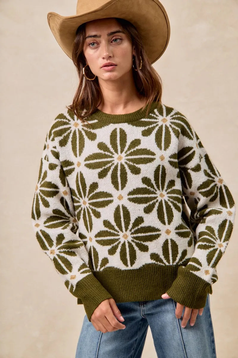 BiBi Flower Pattern Long Sleeve Sweater Olive | Sweaters Daverri Fashions