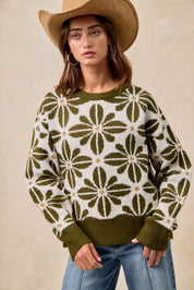 BiBi Flower Pattern Long Sleeve Sweater Olive | Sweaters Daverri Fashions