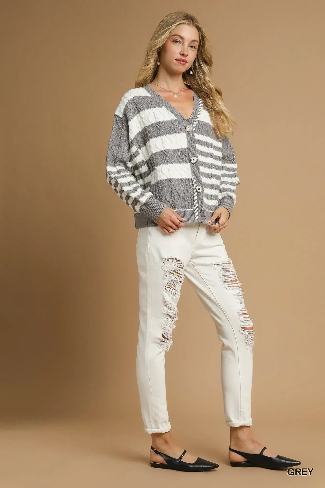 Umgee Cable-Knit Stripe Button-Up Cardigan - DAVERRI FASHIONS