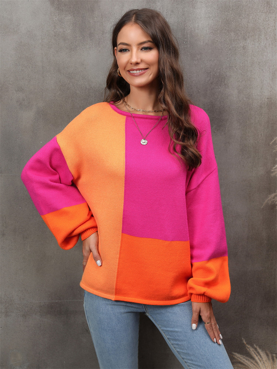 Multicolor Angel Wings Color Block Round Neck Dropped Shoulder Sweater | Sweaters Daverri Fashions