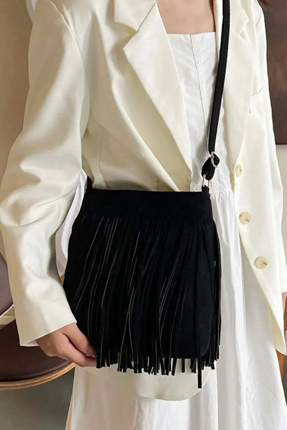 Suede Fringe Shoulder Bag - DAVERRI FASHIONS