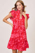 Umgee Red Two Tone Floral Print Ruffle Cap Sleeve Mini Dress Red 1XL Mini Dresses