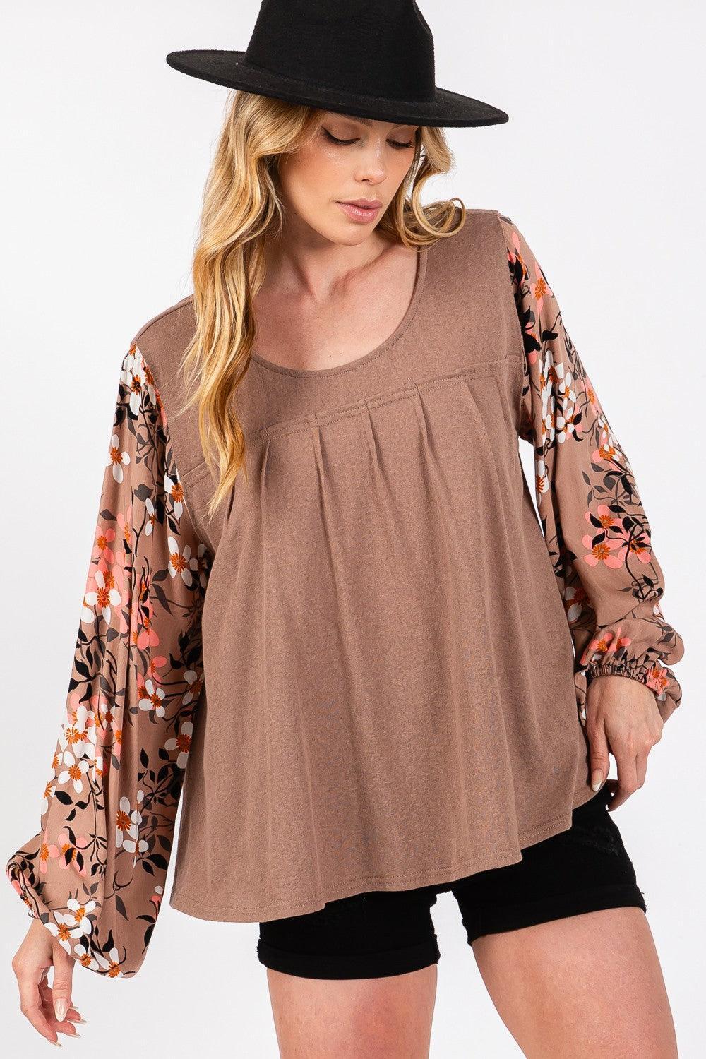 SAGE + FIG Floral Long Sleeve Front Pleated Detail Blouse - DAVERRI FASHIONS