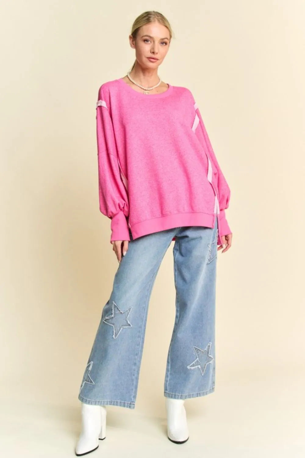 Vibrant pink Davi & Dani oversized knit top with lantern sleeves, size M