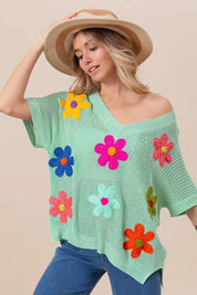 BiBi Flower Patches Dolman Sleeve Lightweight Sweater | Daverri Fashions