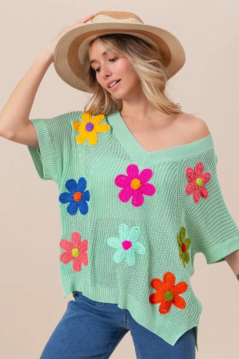 BiBi Flower Patches Dolman Sleeve Lightweight Sweater | Daverri Fashions