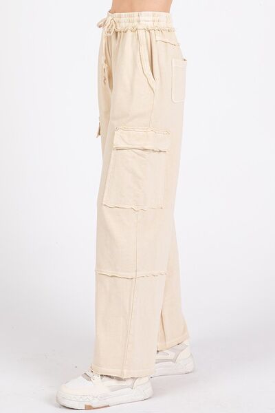 Mittoshop Mineral Wash Elastic Waist Cargo Wide Leg Pants