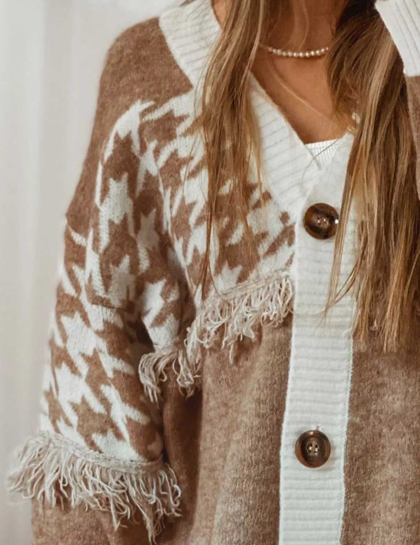 Brown star pattern fringe trim button-up cardigan sweater
