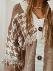 Brown star pattern fringe trim button-up cardigan sweater