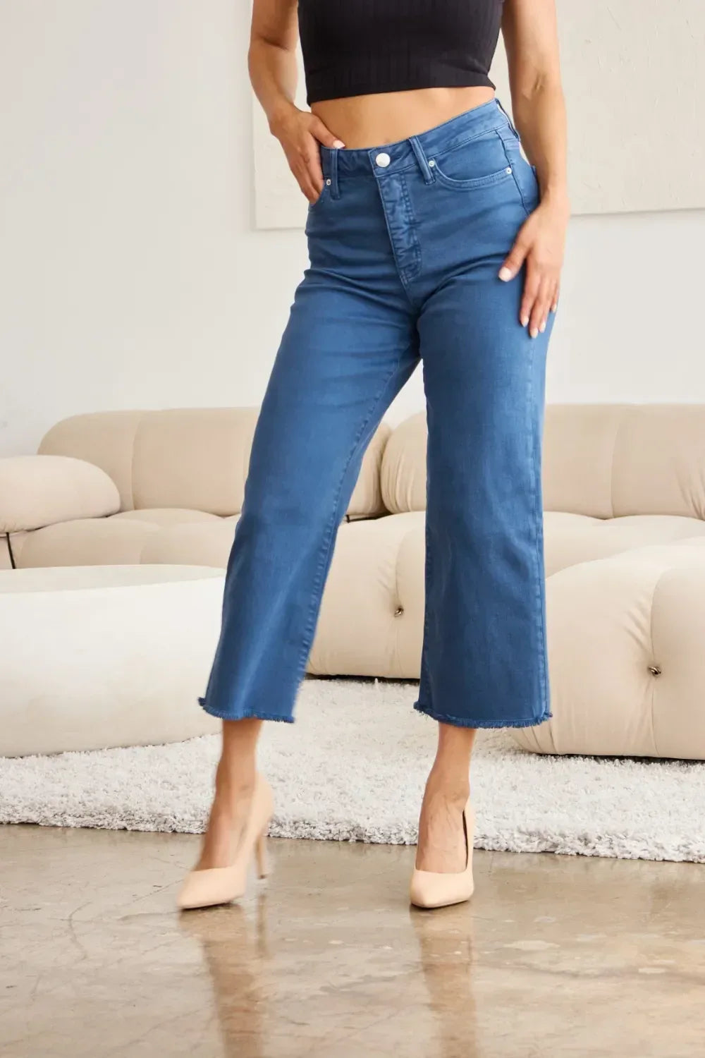 RFM Crop Chloe Tummy Control High Waist Raw Hem Jeans - DAVERRI FASHIONS