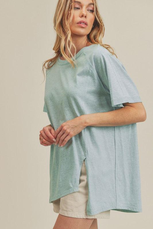 Aemi + Co Asymmetrical Front Slit Round Neck Raglan Sleeve T-Shirt T-Shirts