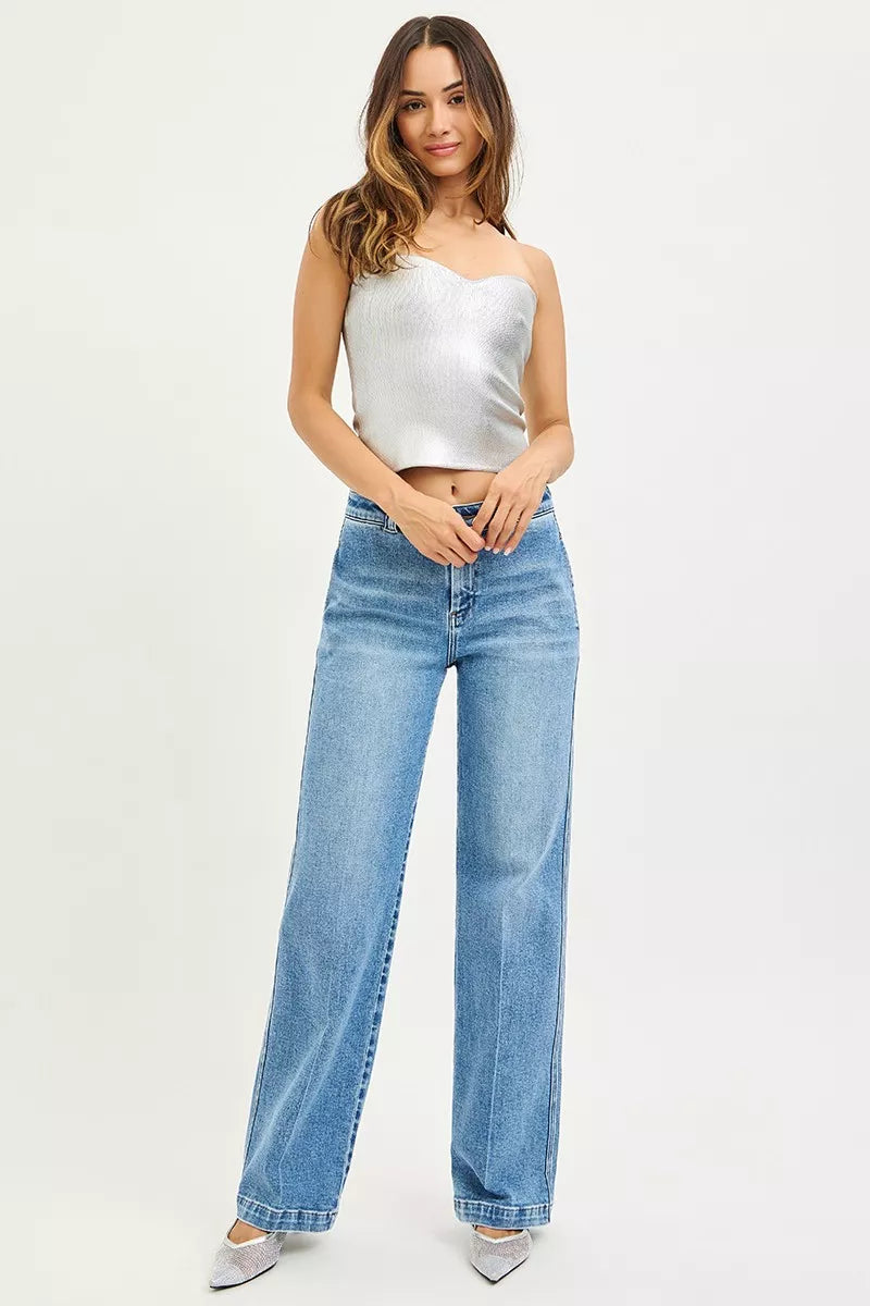 Silver metallic strapless crop top with RISEN Slouchy Straight Jeans