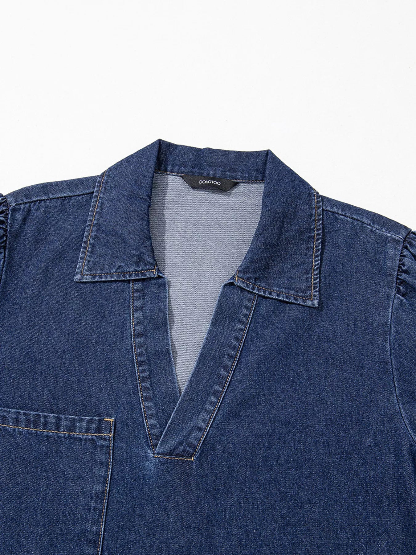 V Neck Collared Single Chest Pocket Long Sleeve Denim Dress | Mini Dresses Daverri Fashions