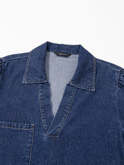 V Neck Collared Single Chest Pocket Long Sleeve Denim Dress | Mini Dresses Daverri Fashions