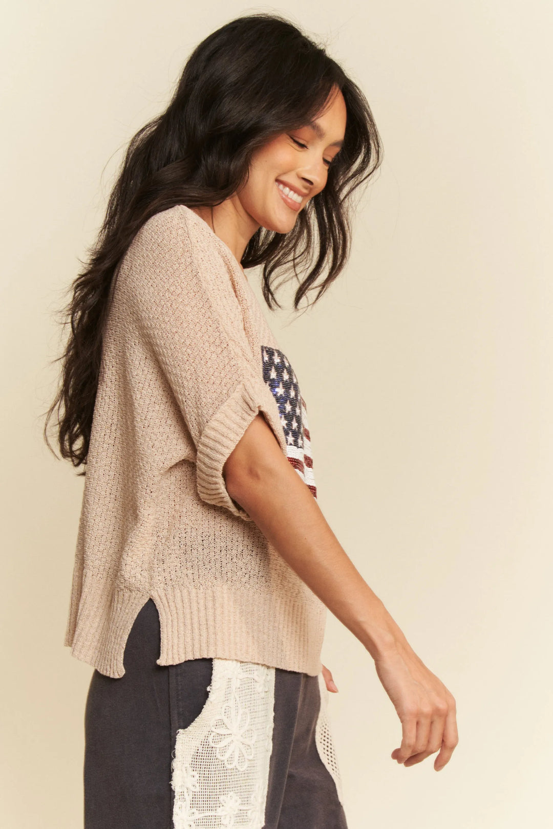 Davi & Dani Sequin American Flag Patch Short Sleeve Knit Top Tops