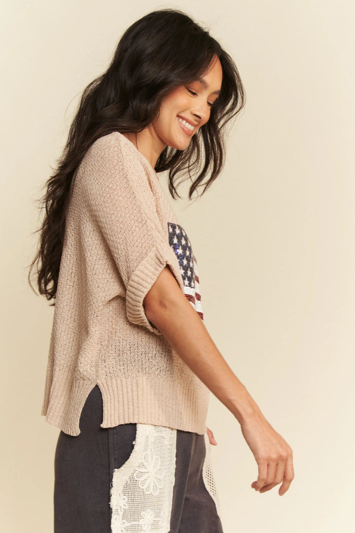 Davi & Dani Sequin American Flag Patch Short Sleeve Knit Top Tops