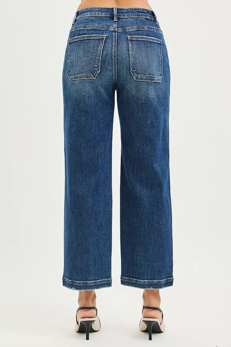 RISEN Slouchy Cropped Baggy Jeans in blue denim with wide-leg cut and frayed hems