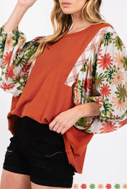 Desert Gold 75%Polyester+20%Cotton+5%Elastane Desert Gold Floral Puff Sleeve Patchwork Round Neck Blouse | Blouses Daverri Fashions