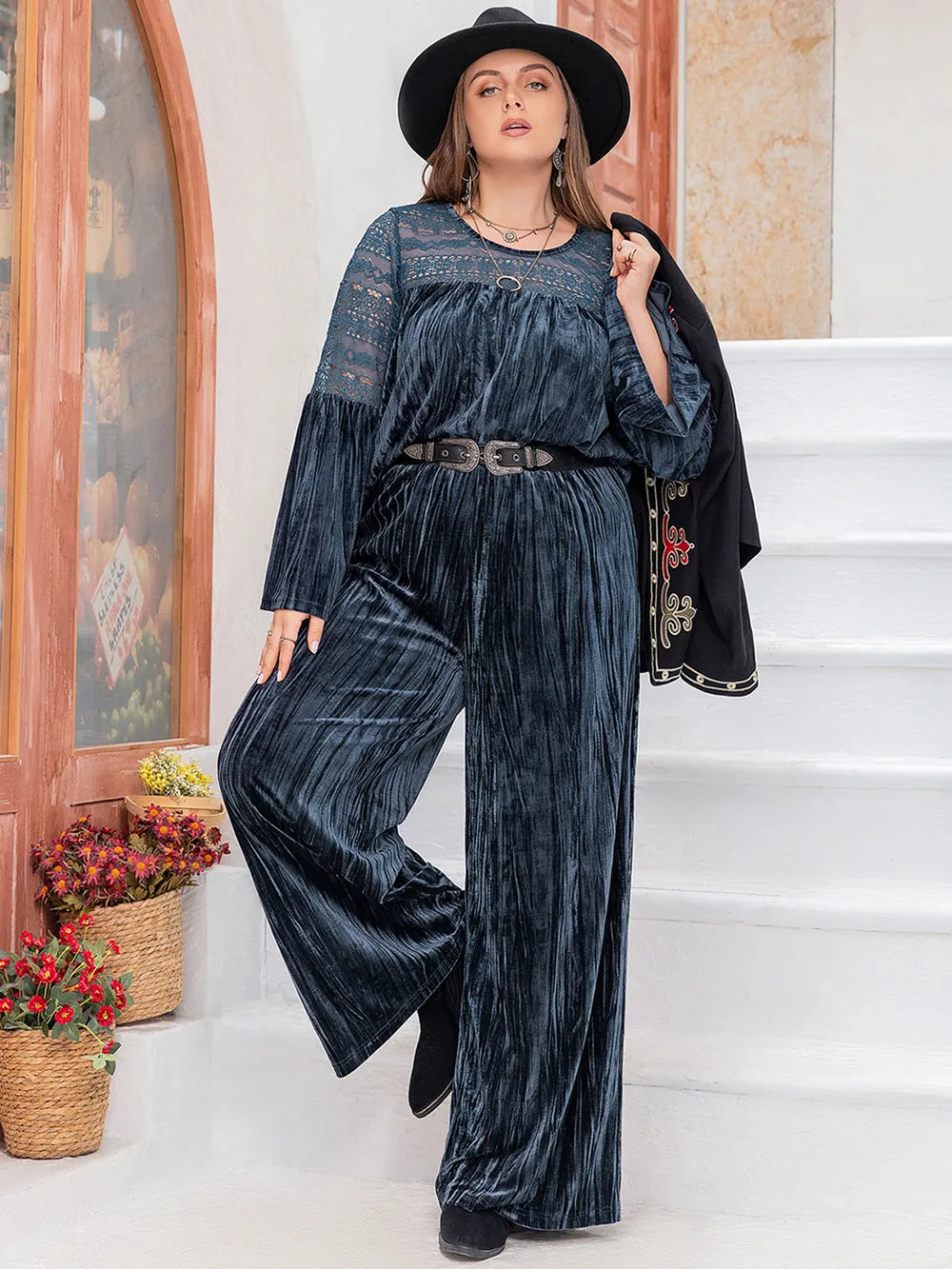 Plus Size Round Neck Flare Sleeve Top and Pants Set | Outfit Sets Daverri Fashions