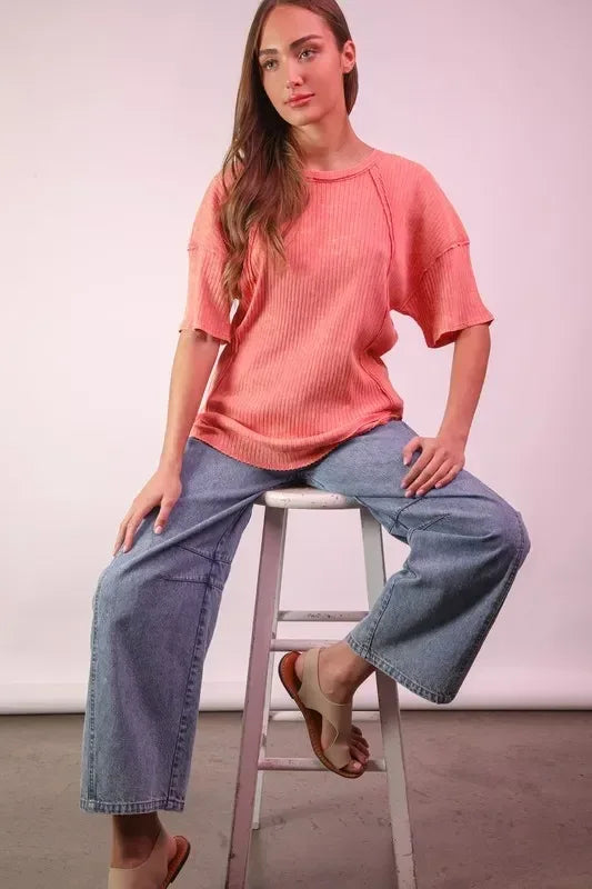 VERY J Mineral Washed Ribbed Knit Casual Top - DAVERRI FASHIONS