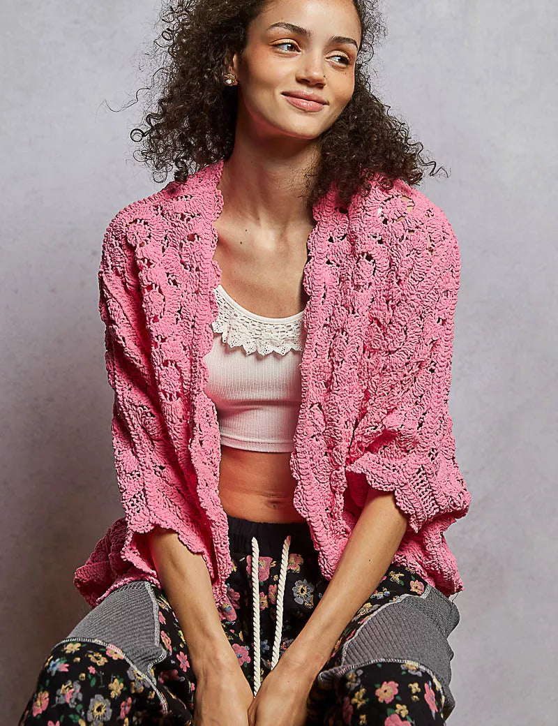 BUBBLEGUM PINK One Size POL Floral Pattern Open Front Cardigan | Cardigans Daverri Fashions