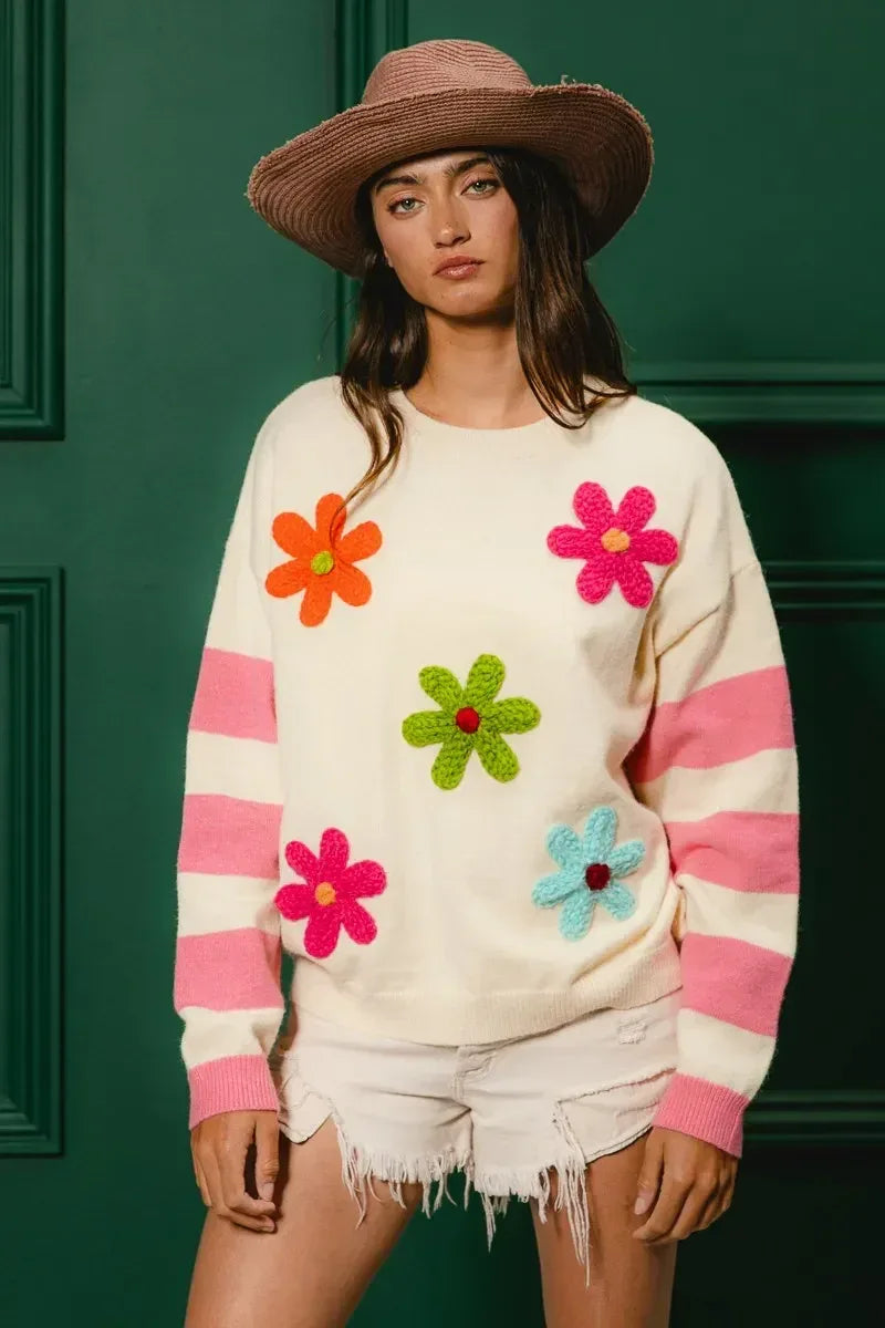 BiBi Colorful Floral Patched Sweater with Striped Sleeve - DAVERRI FASHIONS